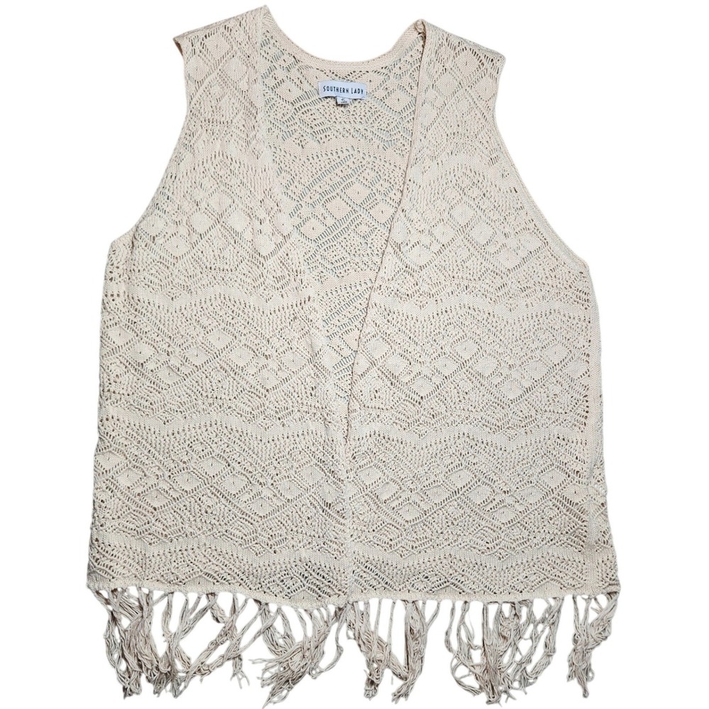 Y2K‎ Cream Crochet Fringe Long Vest Boho Festival Western Cottage 70s Retro 1X